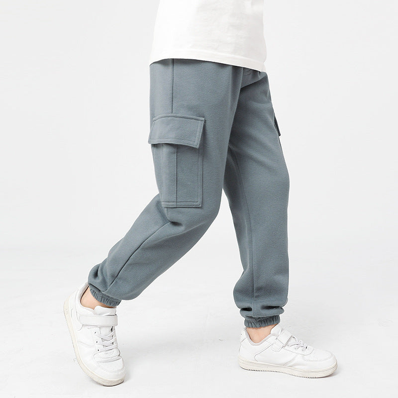 Korean Style Boys Medium Big Solid Color Sports Overalls Female Children's Pants