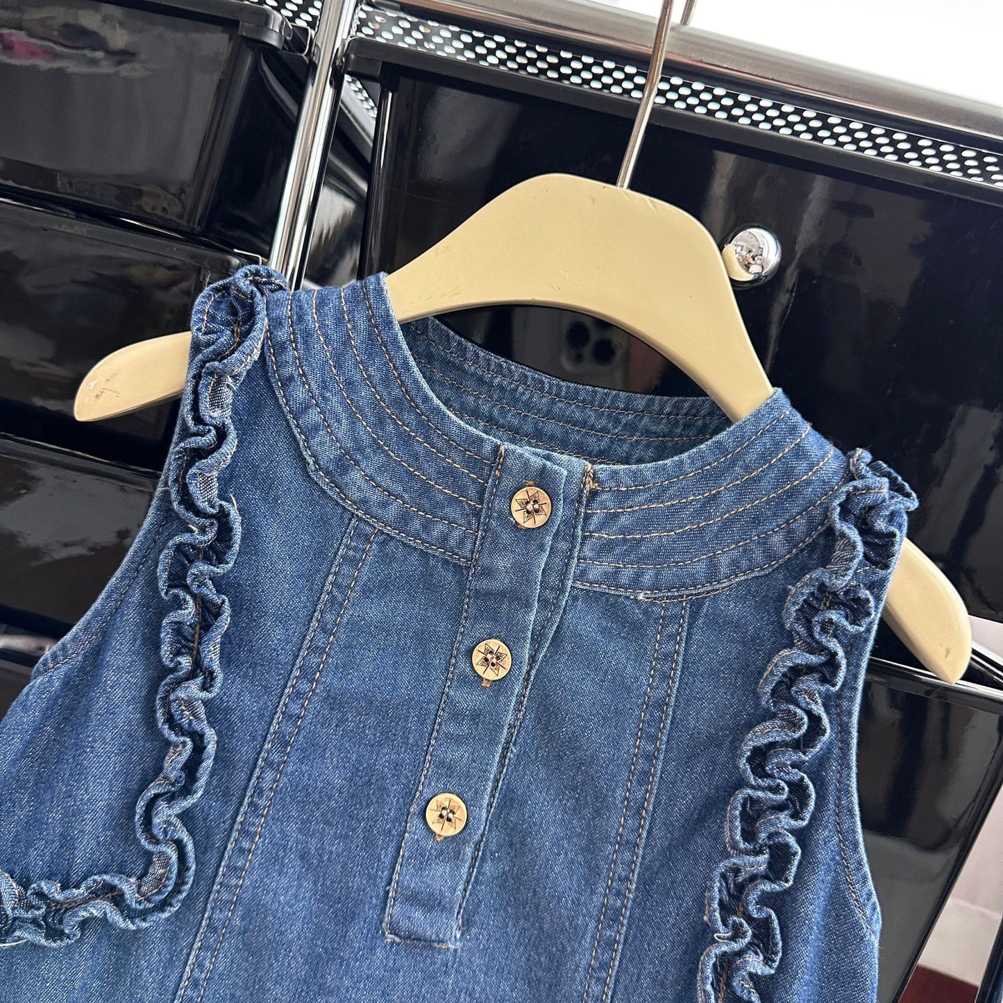 Summer Korean Style Fungus Edge Solid Color Western Classic Denim Children's Dress