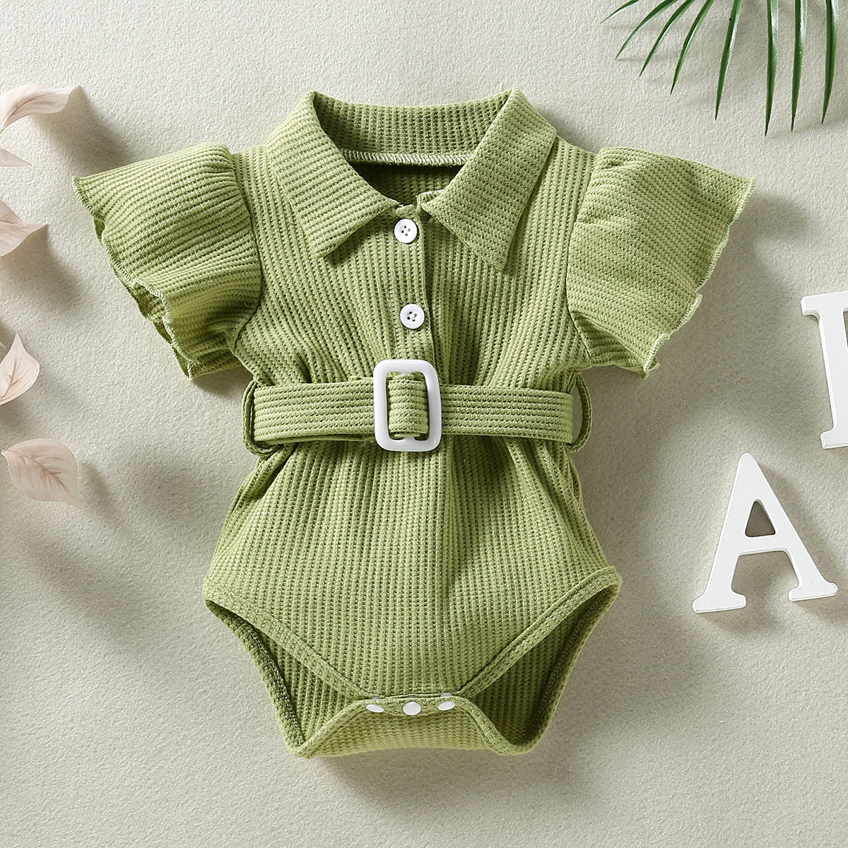Waffle Flounced Sleeve Lead Open Chest One-piece Belt Romper Breathable Jumpsuit, Climbing Suit