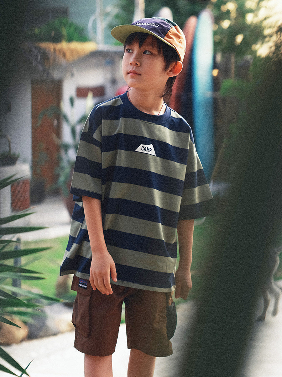Children's Mountain Clothing Summer Boy's Short-sleeved Medium Large Striped Short Children's T-shirt