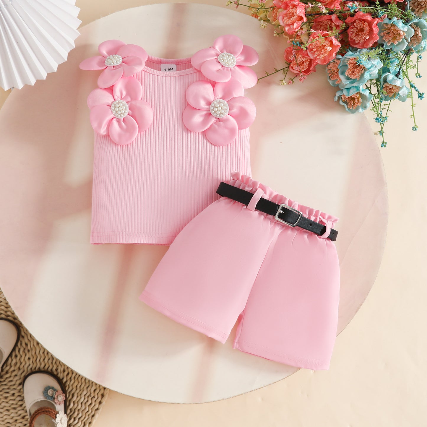 Sleeveless Big Flower Sunken Stripe Top Belt Children's Suit