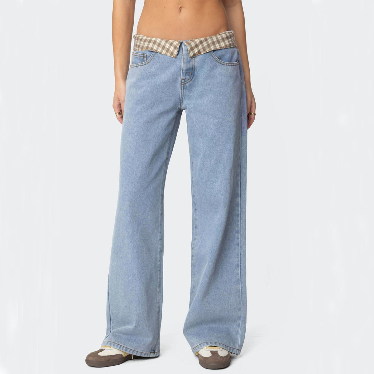 Women's Checked Cloth Color Loose Casual Denim Trousers Pants