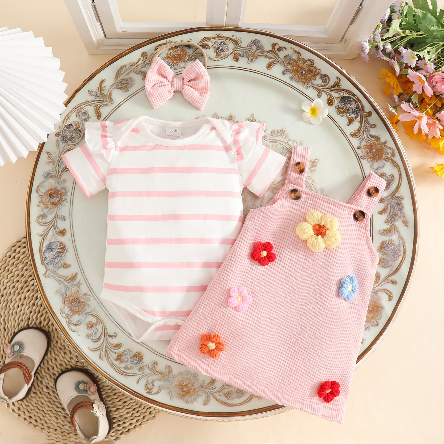 Summer Sweet Striped Knitted Short Sleeve Children's Suit