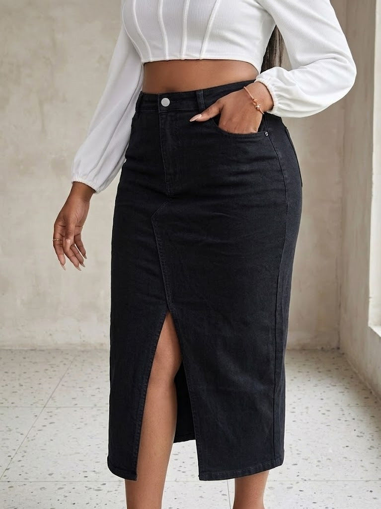 Large High Waist Front Slit Denim Retro Skirt