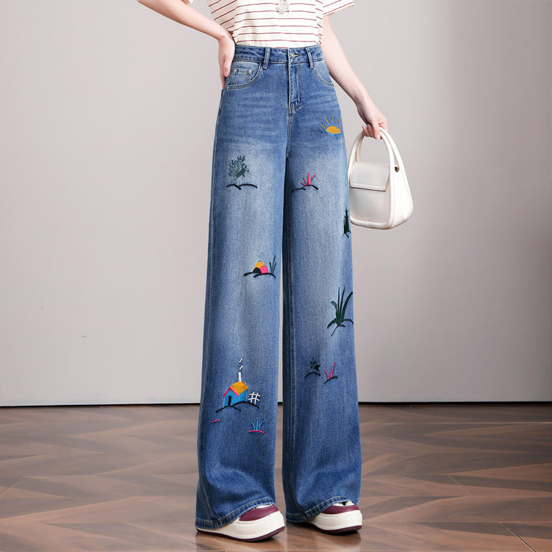 Spring Style Vintage Floral Embroidered Street Loose Wide Leg Casual Pants