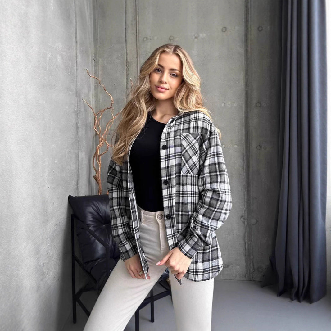 Women's Shirt Fashionable Plaid Mid-length Casual Temperament Tops