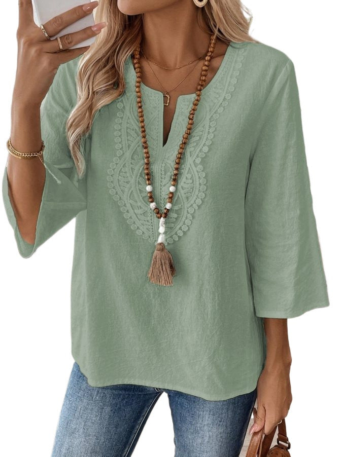 Women's Shirt Lace Trim Solid Color White Blue Blouse