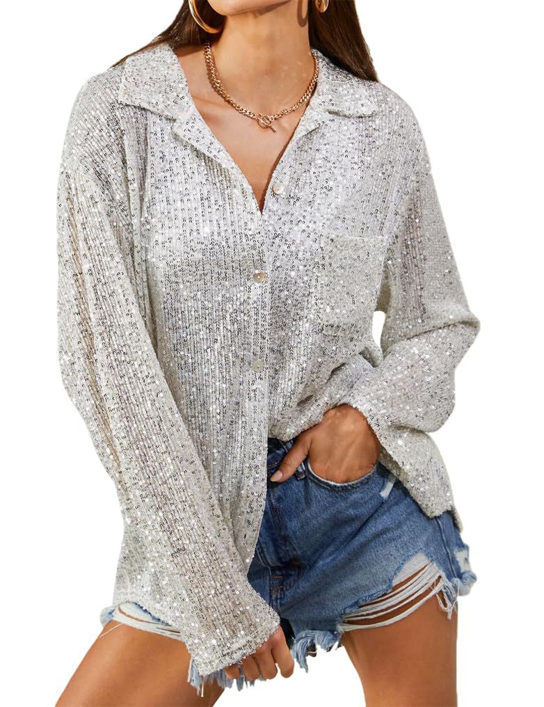 Women's Fashionable Sequins Long Sleeve Lapel Temperament Leisure Blouse
