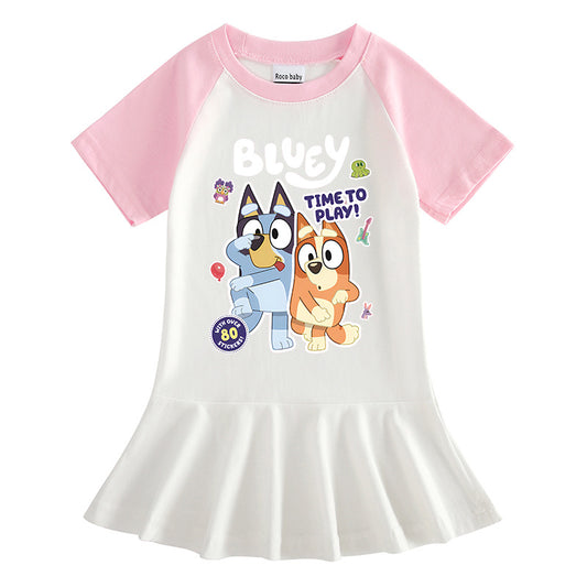 Children's Clothing Cartoon Half Sleeve Contrast Color Fashionable Pleated Children's Dress