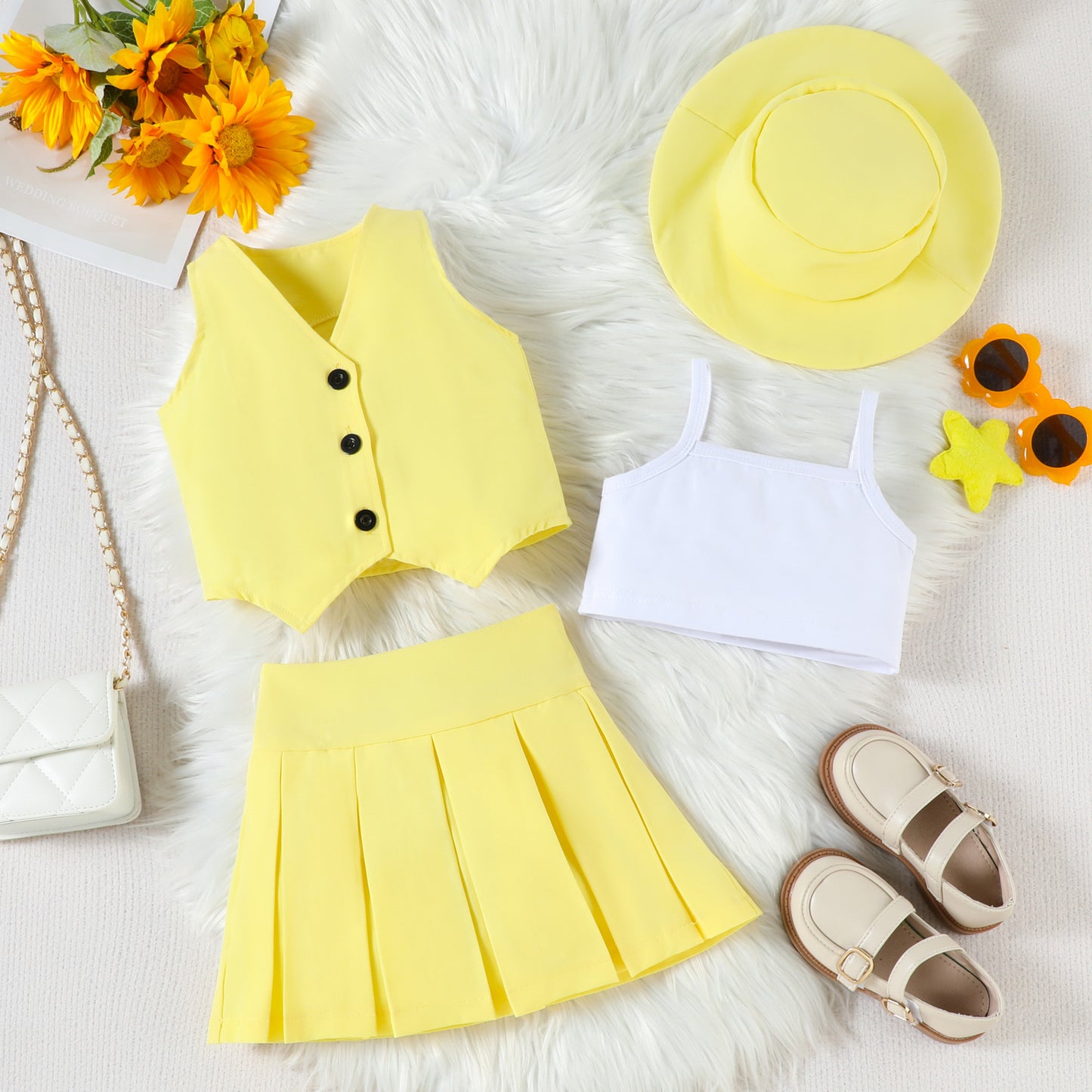 Fashion Single Breasted Vest Camisole Top Pleated Skirt Hat Children's Suit