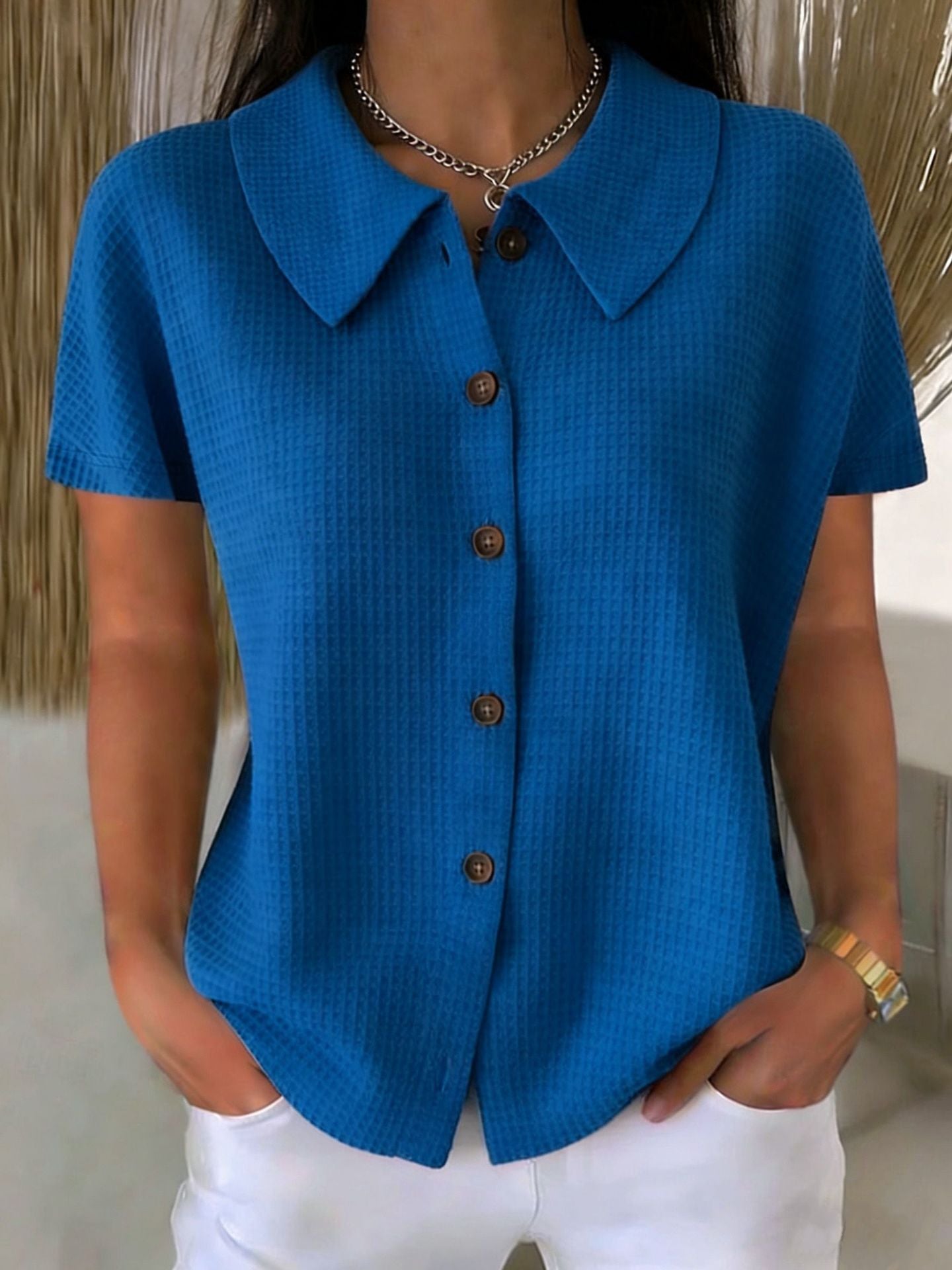 Fashion Elegant Lapel Waffle Solid Color Casual Sleeve Shorts