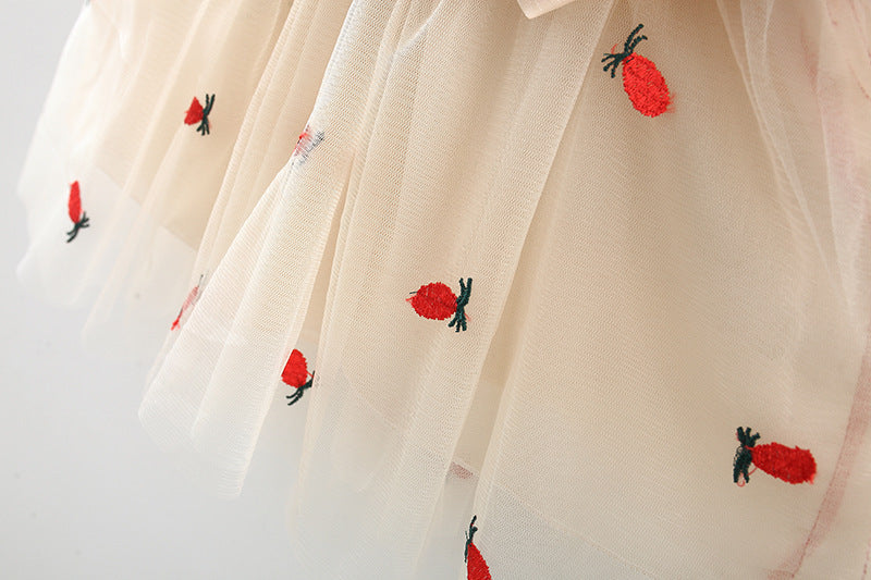 Pineapple Mesh Stitching Korean Style Bow Short Sleeve Lace Children's Dress