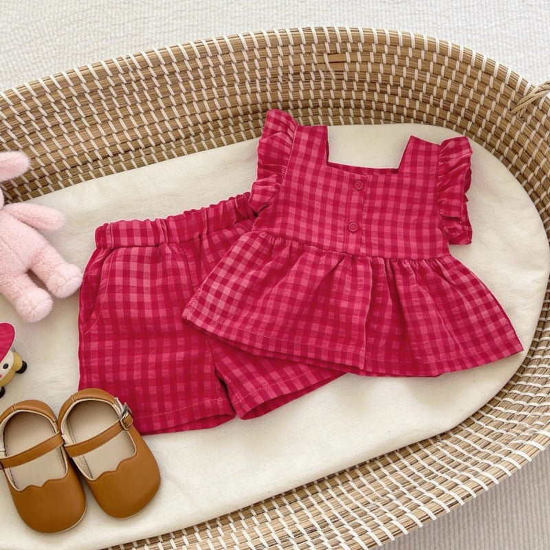 Summer Flounced Sleeve Plaid Fashion Western Children's Suit
