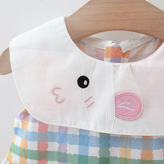 Cartoon Embroidered Collar Plaid Sleeveless Colorful Cotton Children's Dress
