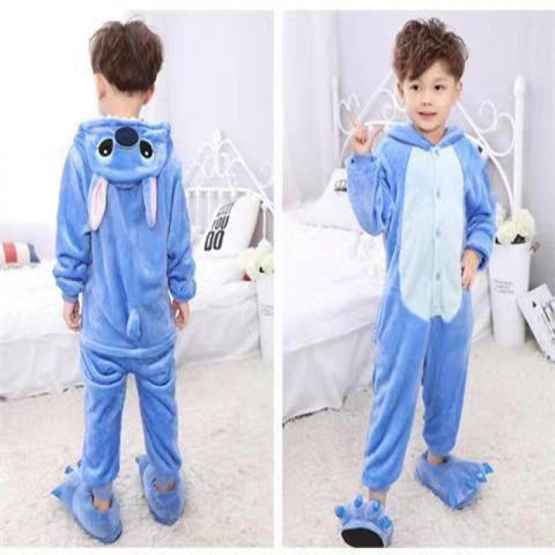 Children's Black Cat Leopard Print Flannel Cartoon One-piece Pajama Jumpsuit, Climbing Suit