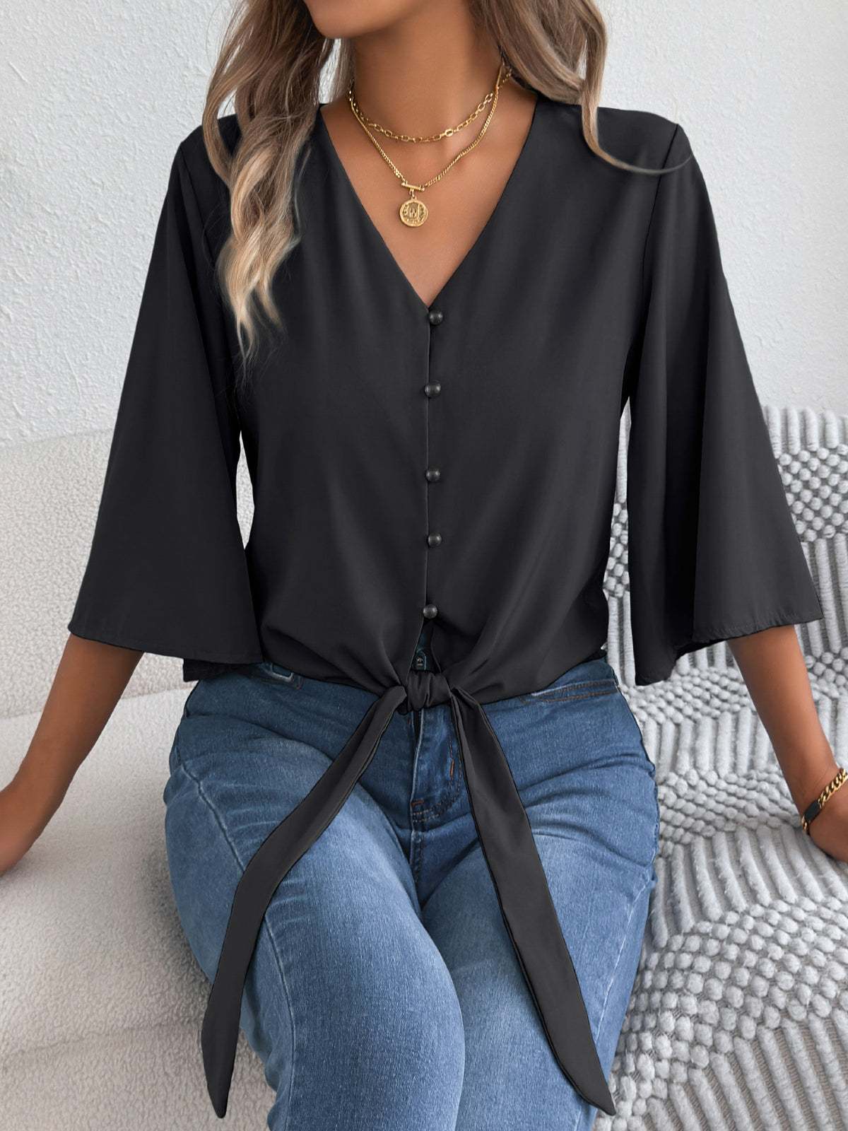 Women's Casual Button Three-quarter Sleeve Knotted Lace Shirt, Chiffon Shirt