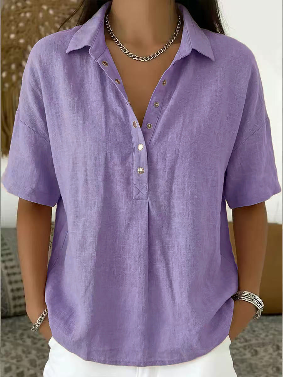 Women's Summer Loose Snap Fastener Lapel Sleeve Solid Color Women's T-shirt
