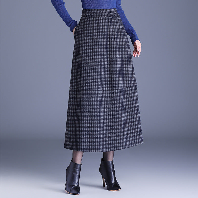 Plaid Mid-length Fashion Casual Elastic Waist Skirt