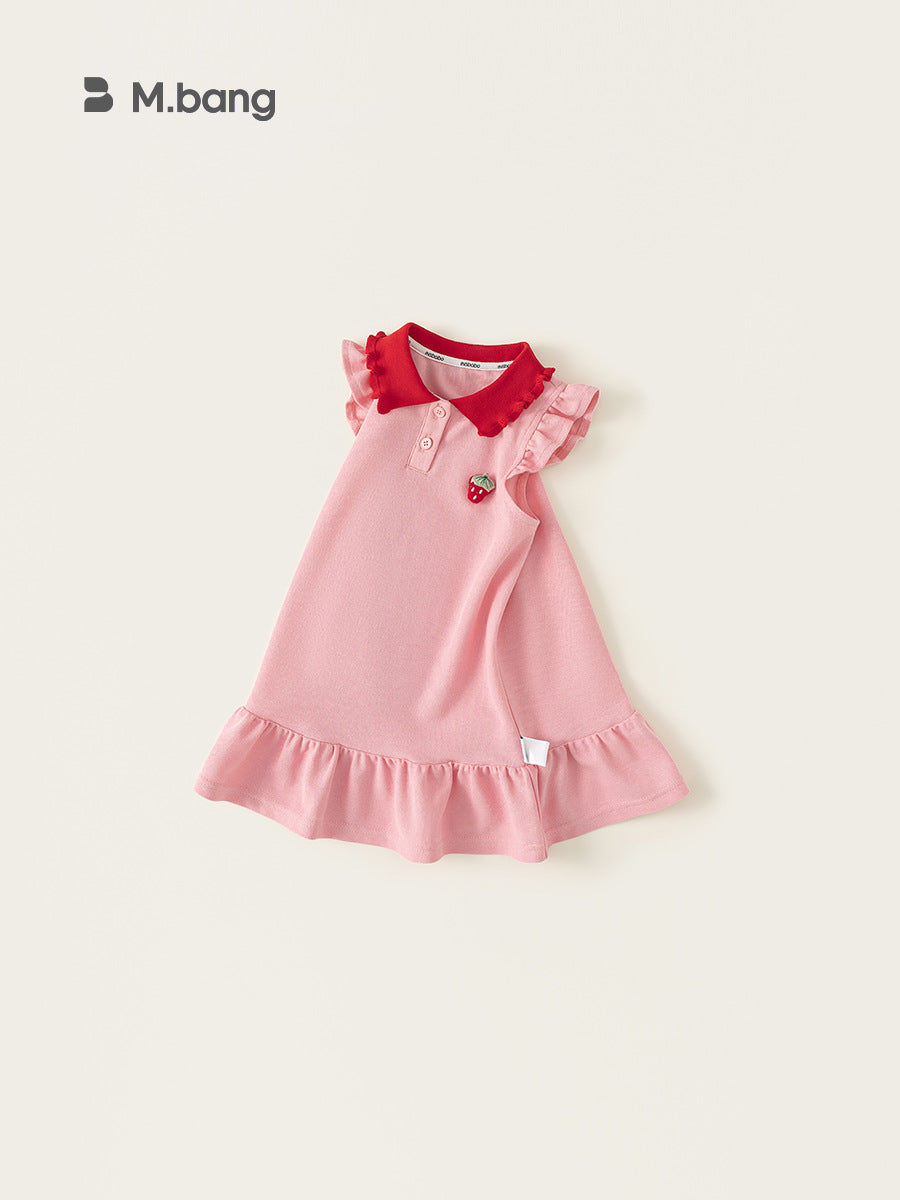 Summer Contrast Color Lapels Vest Strawberry Lace Sleeve Children's Dress