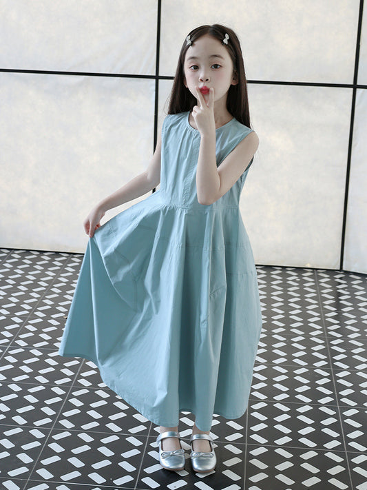 Children's Cotton High-grade Summer French Vest Skirt Blue Temperament Long Children's Dress