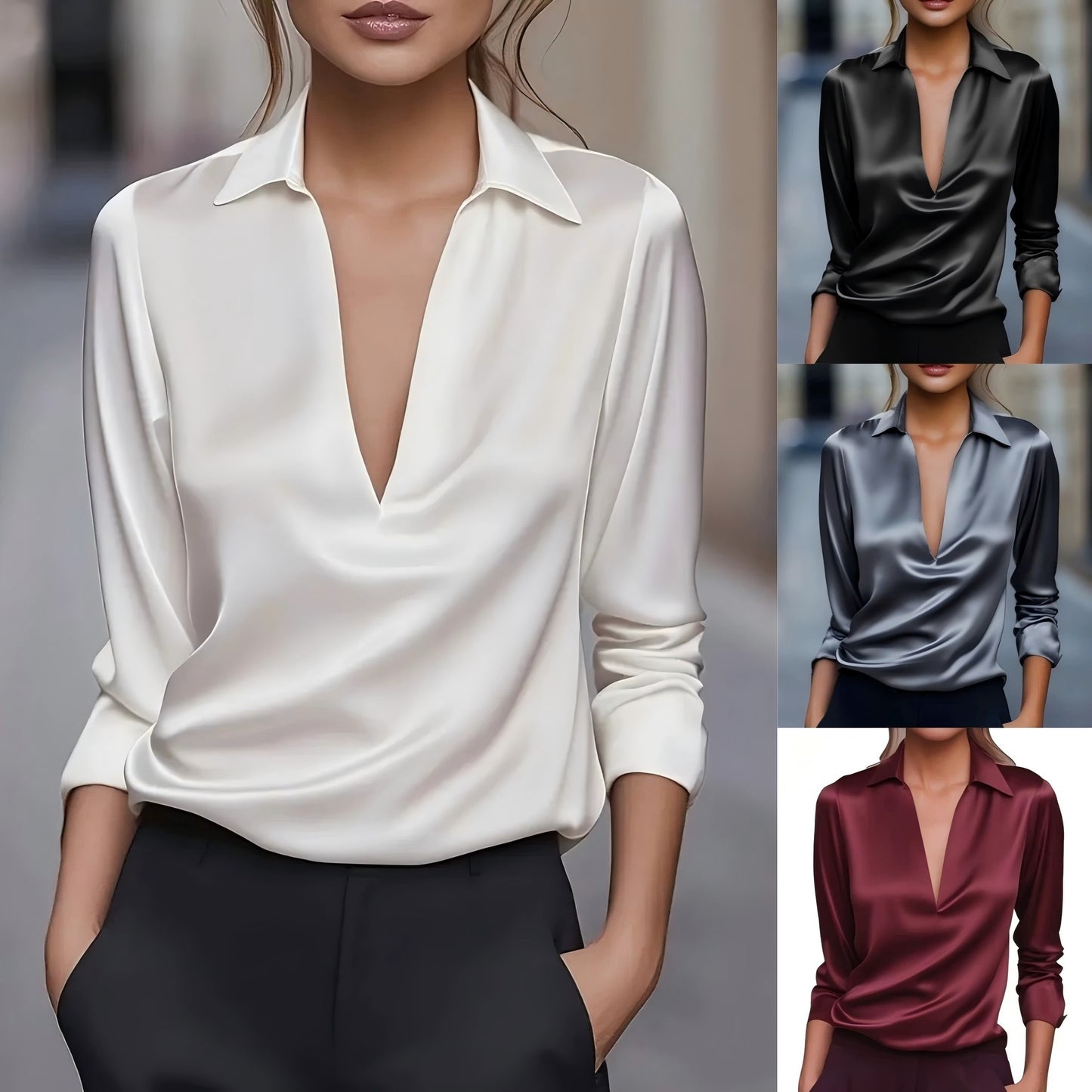 Women's Autumn Temperament Pure Color Simple Shirt Long Sleeve Blouse