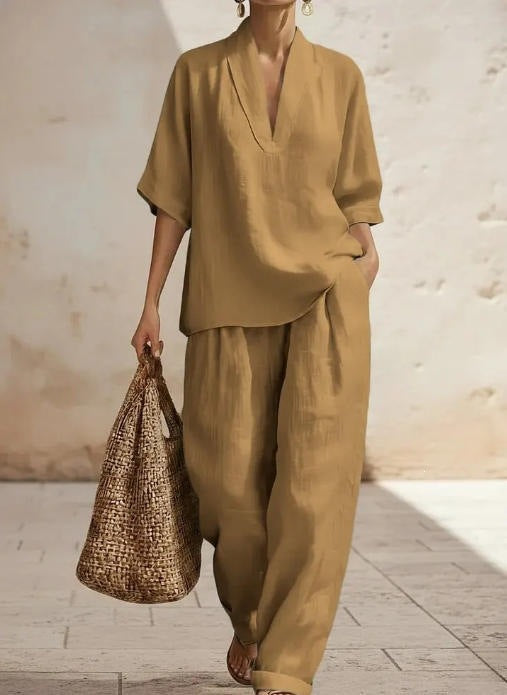 Women's Solid Color Comfortable Minimalist Linen Two-piece Fashion Casual Suit