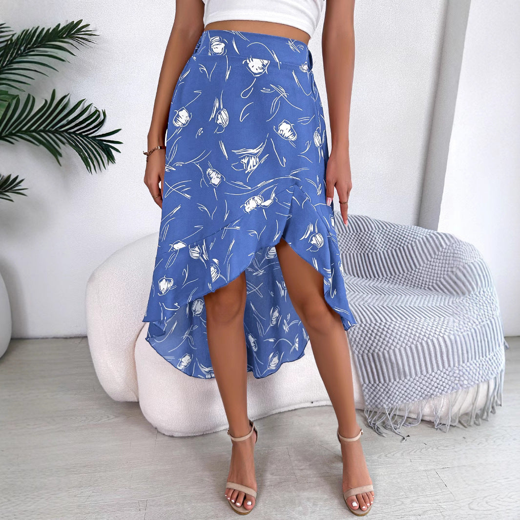 Women's Casual Flower Asymmetric Ruffled Midi Skirt