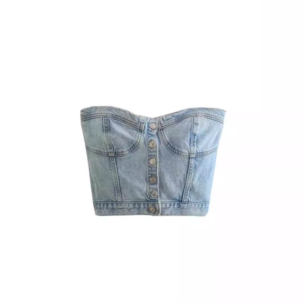 Women's Fashionable Elastic Band Denim Tube For Small Vest/suspenders/tube Top