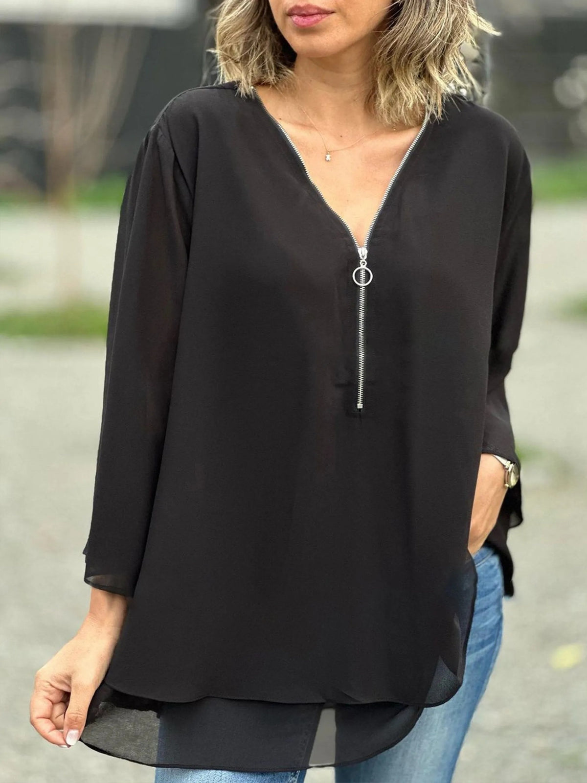 Classy Sleeves Casual Metal Zipper Loose Lace Shirt, Chiffon Shirt