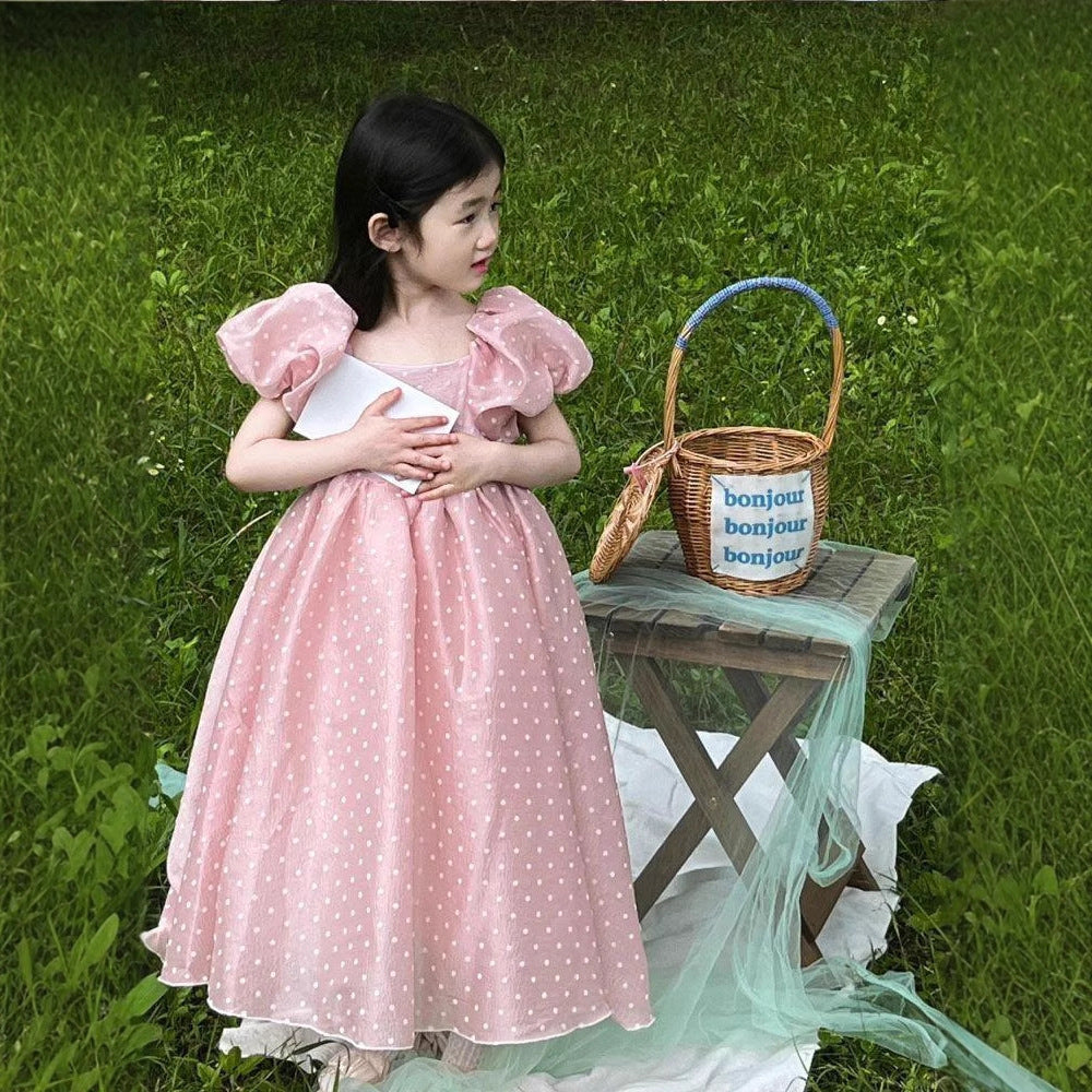 Polka Dot Pearlescent Yarn Little Puff Sleeve Children's Dress