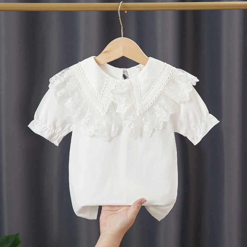 Short-sleeved Summer Thin Western Style Cotton Col Claudine Top Children's T-shirt