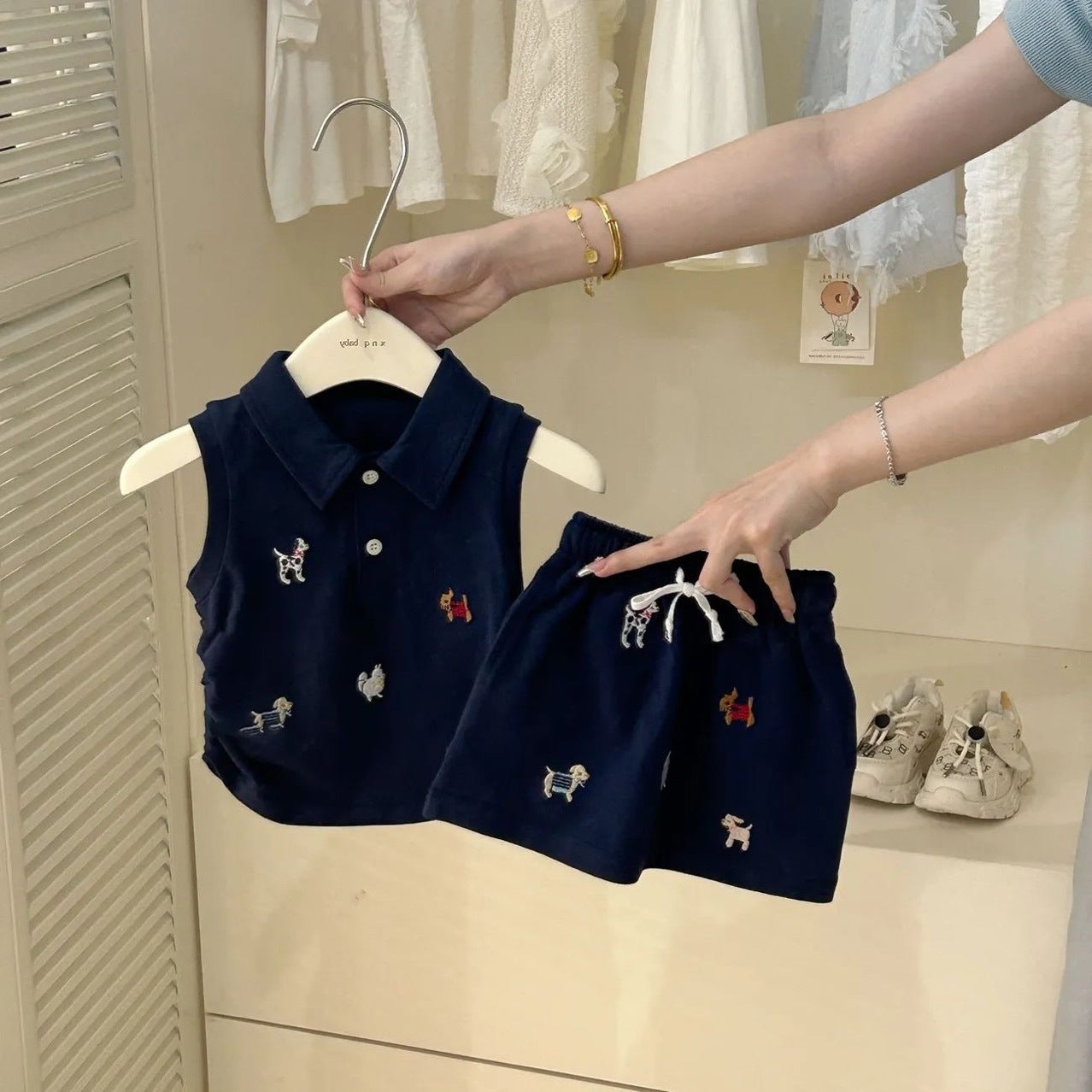 Summer Western Style Preppy Collar Vest Top Skirt Children's Suit