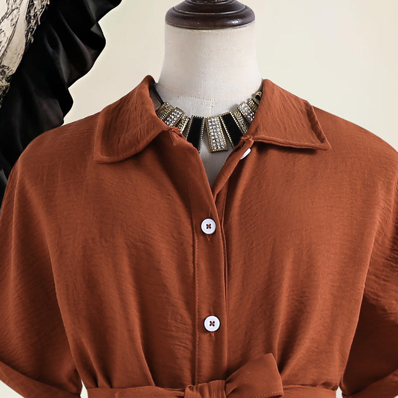 Casual Polo Collar Single-breasted Lace Up Waist Trimming Children's Dress