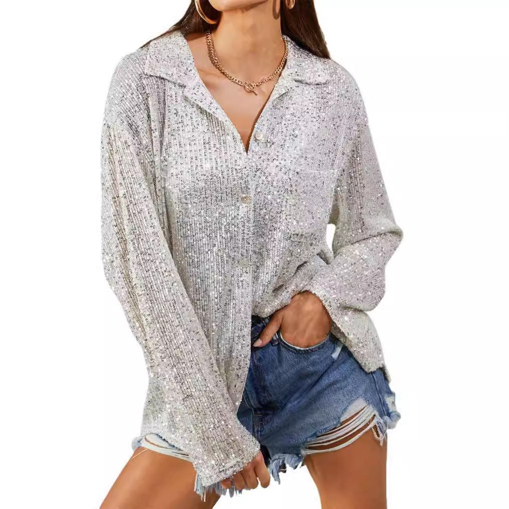 Women's Fashionable Sequins Long Sleeve Lapel Temperament Leisure Blouse