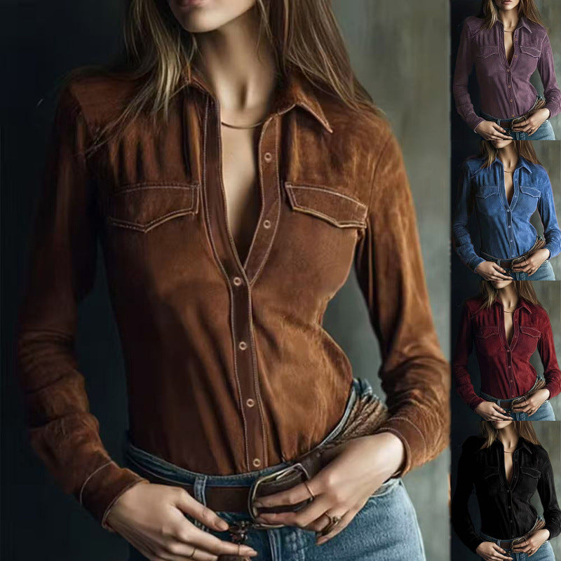 Women's Fashion Long Sleeve Deerskin Veet Shirt Blouse