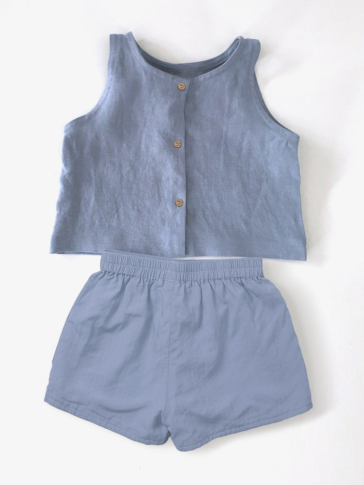 Women's & Men's Clothing Cotton Linen Vest Summer Sleeveless Waistcoat Shorts Leisure Children's Suit
