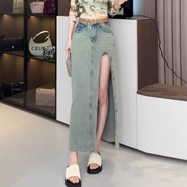Slit Irregular Female Retro Design Denim Skirt
