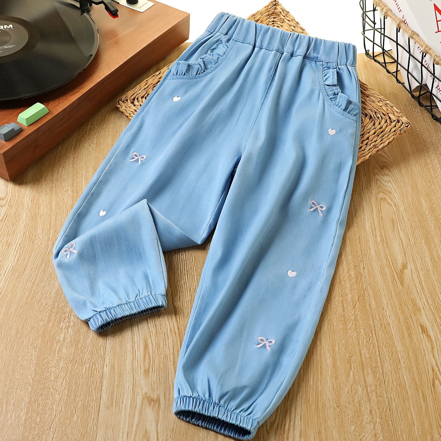 Children's Autumn Silk Denim Wooden Ear Pocket Cute Children's Pants