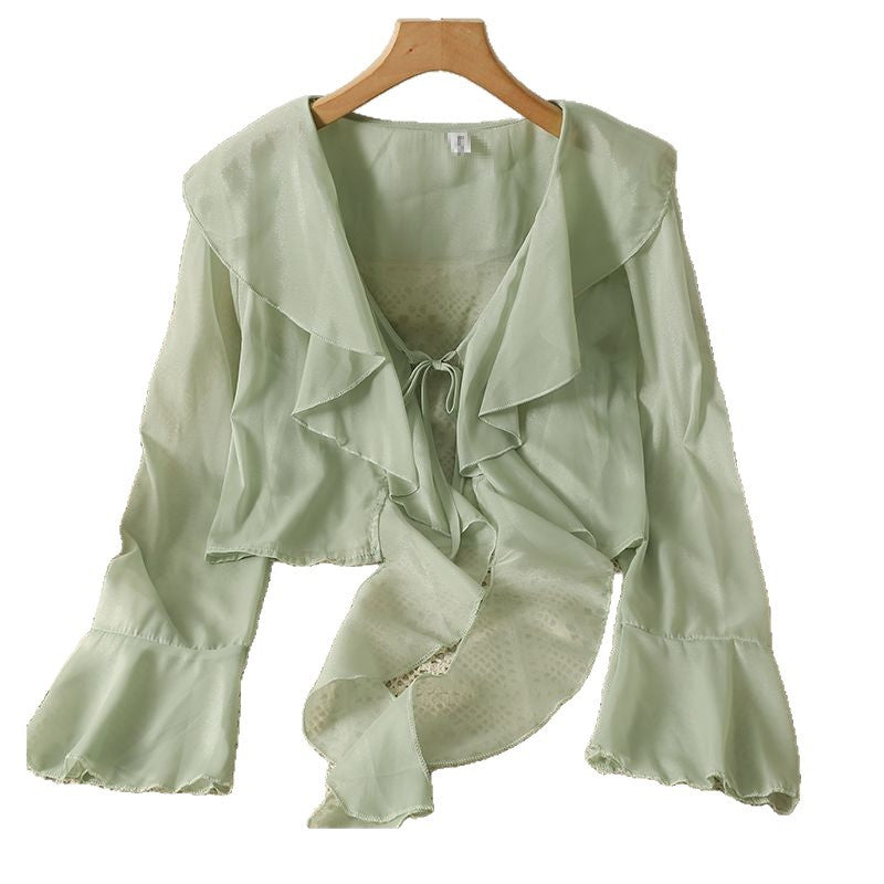 Women's Wear Braces Long Sleeve Outer Air Lace Shirt, Chiffon Shirt