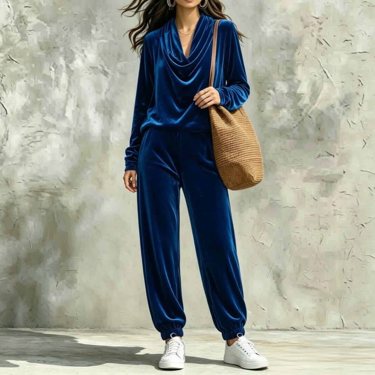 Women's Draped Collar Long Sleeve Ankle Banded Pants