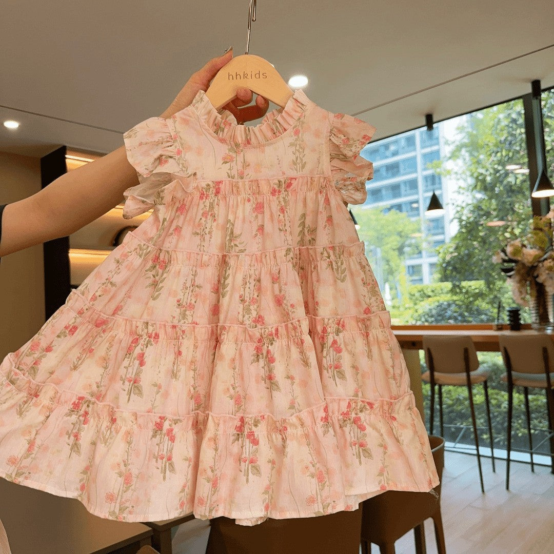 Fashionable Floral Korean Style Cotton Vacation Princess Children's Dress