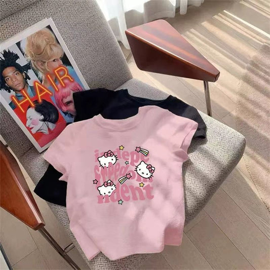 Sweet Half-sleeved Kitty Printed Thin Western Children's T-shirt