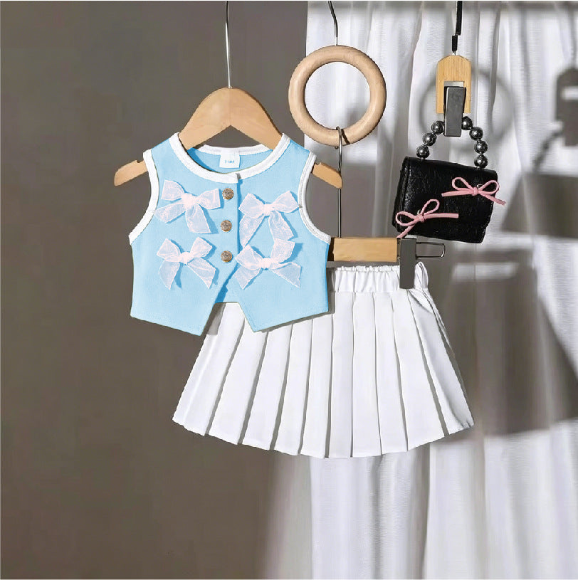 Comfortable Fashion Bow Vest Pleated Skirt Children's Suit