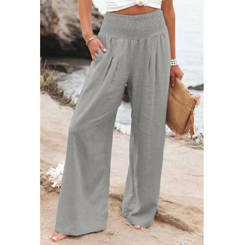 Women's Cotton Linen Pure Color Elastic Waist Wide Leg Casual Pants