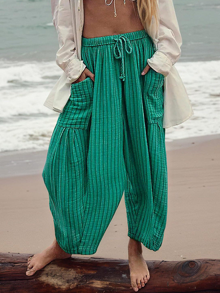 Women's Stripes Elastic Waist Cropped Pleated Breathable Contraction Pants