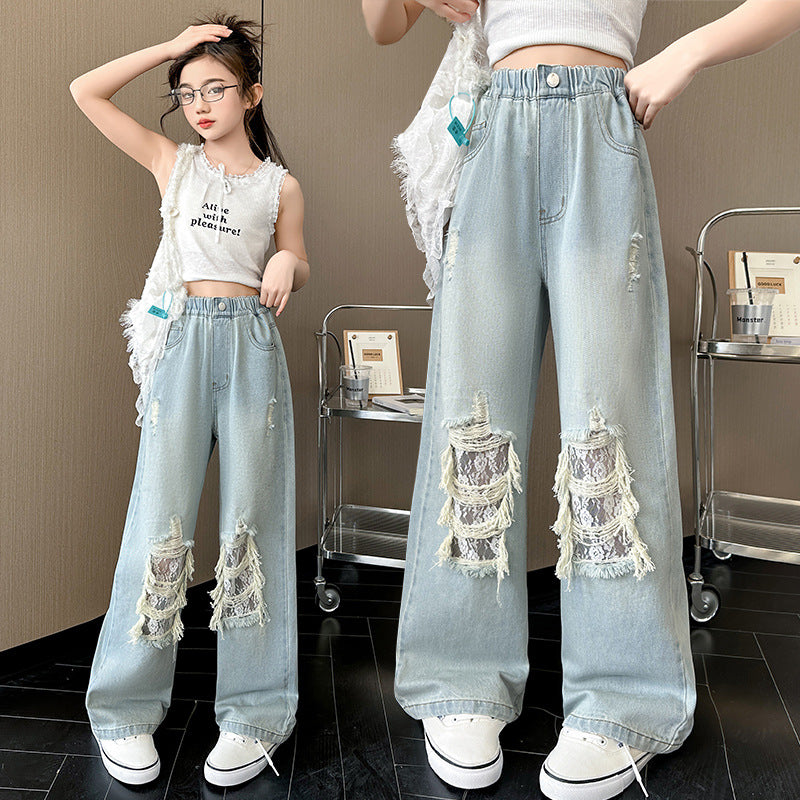 Children's Ripped Lace Jeans Straight Loose Slimming Children's Pants
