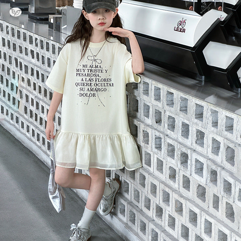 Children's Letter Printed T-shirt Skirt Mesh Stitching Rhinestone Children's Dress