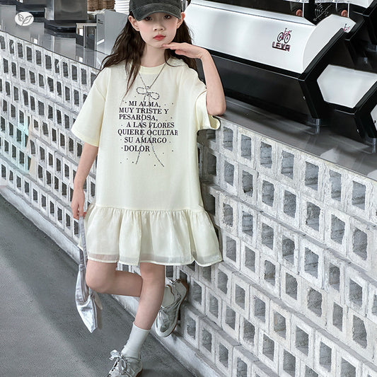 Children's Letter Printed T-shirt Skirt Mesh Stitching Rhinestone Children's Dress