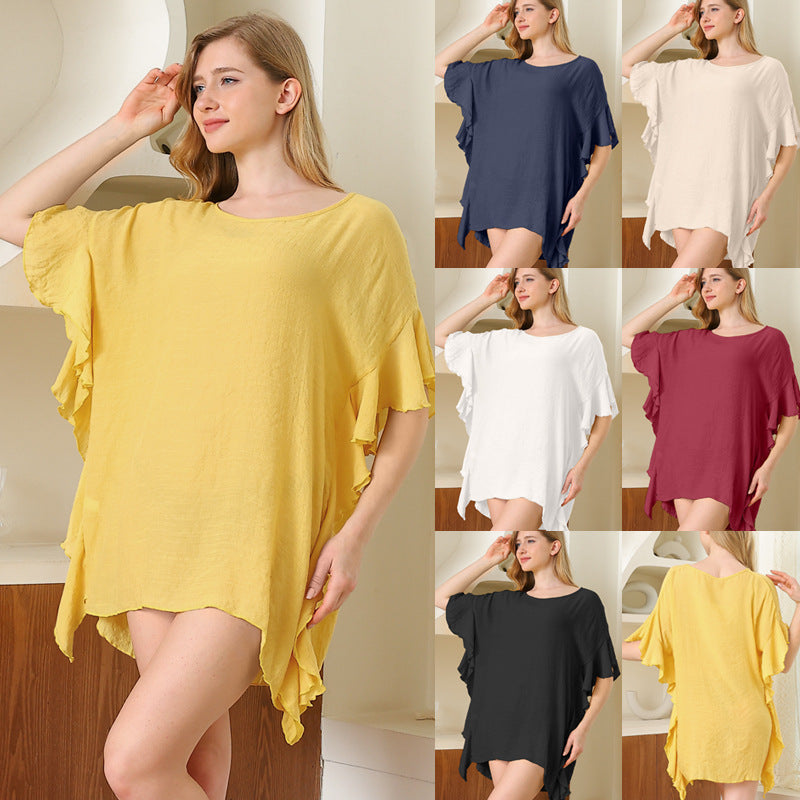 Women's Ruffled Solid Color Simple Loose Beach Bikini Cover-up Sunscreen Dress Lace Shirt, Chiffon Shirt