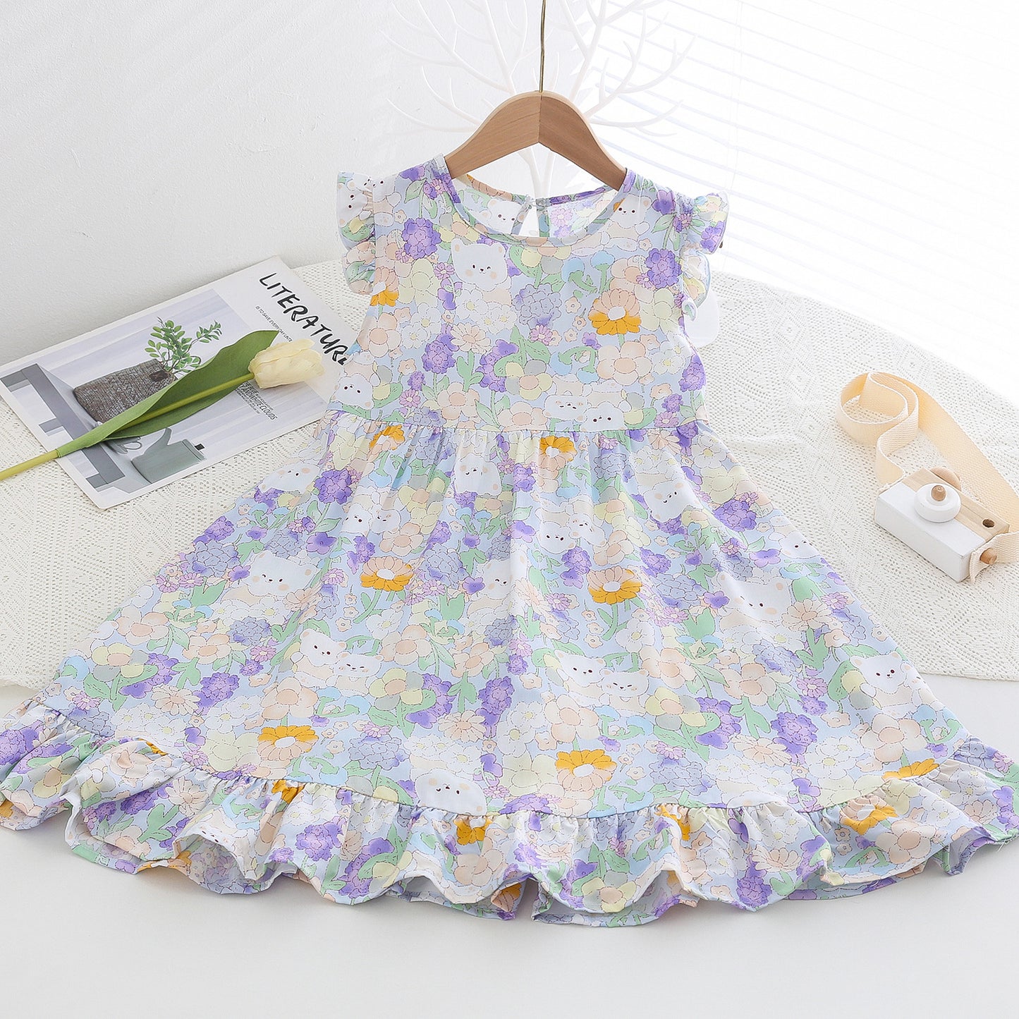 Fresh Flounced Sleeve Floral Cotton Summer Thin Cool Children's Dress